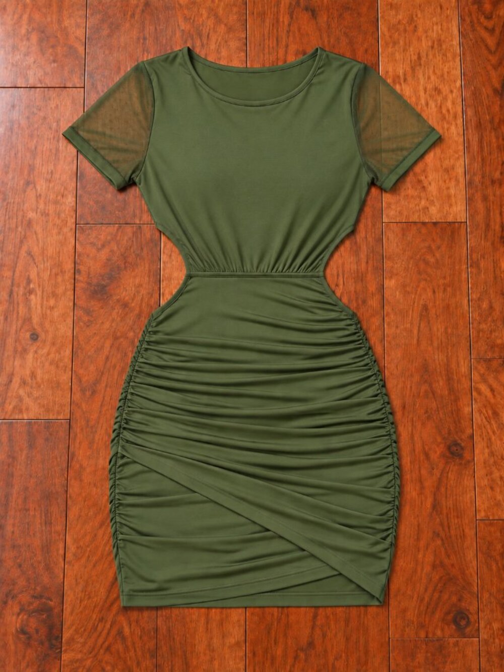 Dark Olive Green Ruched Bodycon Mini Dress Mesh Long Sleeve Cutout Back Size M